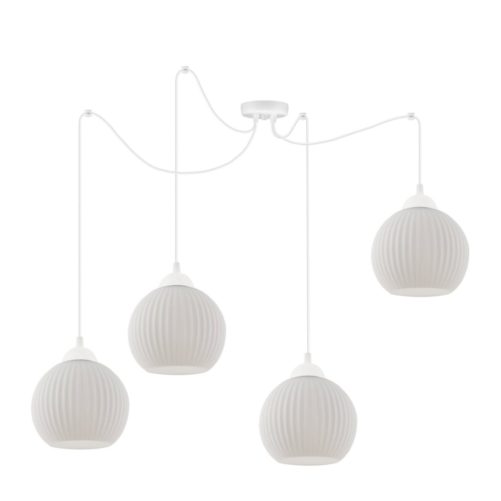 lampa sufitowa zyrandol typu pajak riffle kolor bialy szklane kuliste klosze 14cm srednicy