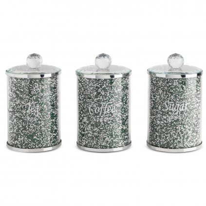 SADA 3KS NÁDOB NA ČAJ, CUKR A KÁVU POKRYTÁ KŘISTALIKY 10x10x17 CM ZELENÁ/STŘÍBORNÁ