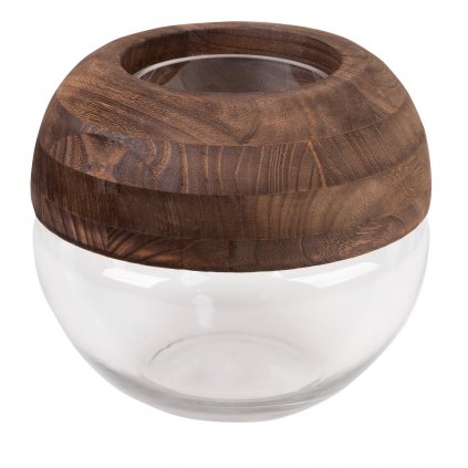 SKLENĚNÁ DEKORAČNÍ VÁZA GRACE1 (08) (FI) 25X23 CM S DŘEVĚNÝM DEKOREM