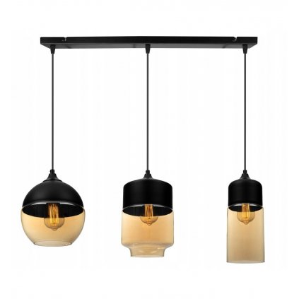 nowoczesna lampa wiszaca ze szklanymi kloszami i metalowymi detalami