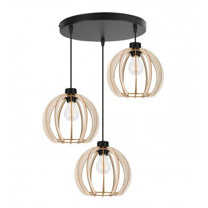 lampa wiszaca na okraglej podsufitce timber z drewnianymi kloszami