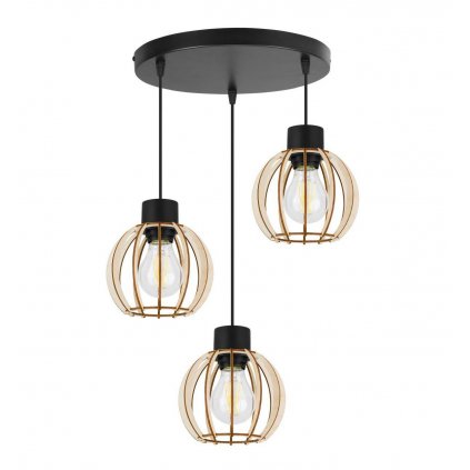 stylowa lampa wiszaca na podsufitce timber z drewnianymi kloszami styl rustykalny