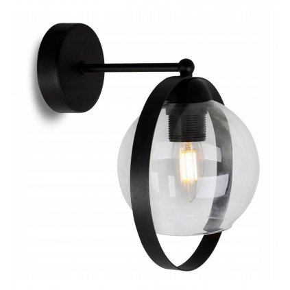 designerski kinkiet z pojedynczym okraglym kloszem z bezbarwnego szkla