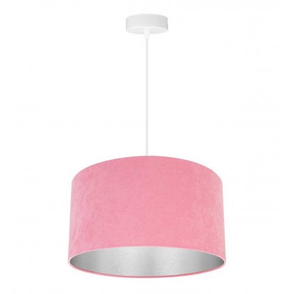 lampa wiszaca z rozowym abazurem i efektownym srebrnym wnetrzem