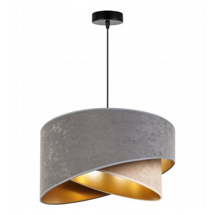 efektowna lampa wiszaca z asymetrycznym welurowym abazurem o zlotym srodku