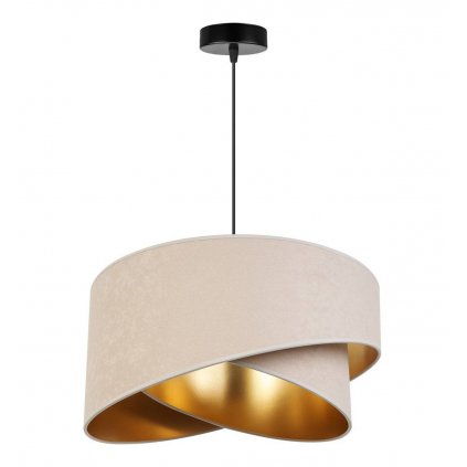 nowoczesna lampa z asymetrycznym kremowym abazurem o zlotym srodku