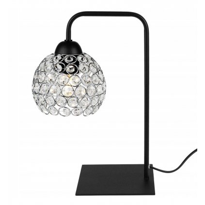 nowoczesna lampa stolowa z krysztalowym kloszem w srebrnej oprawie z metalu