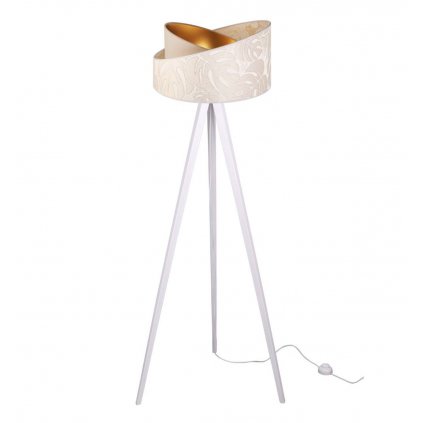 nowoczesna lampa stojaca werona na drewnianym trojnogu z abazurem biala