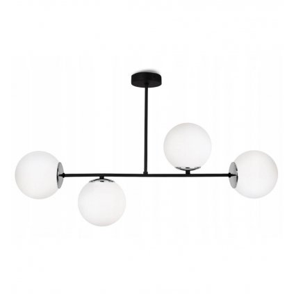 zyrandol z kulistymi kloszami z mlecznego szkla metalowa konstrukcja