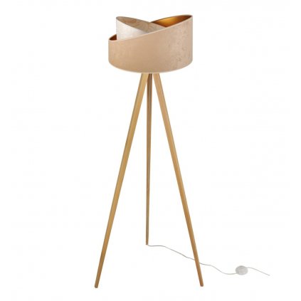 drewniana lampa stojaca trojnog werona z kremowym abazurem jasne drewno