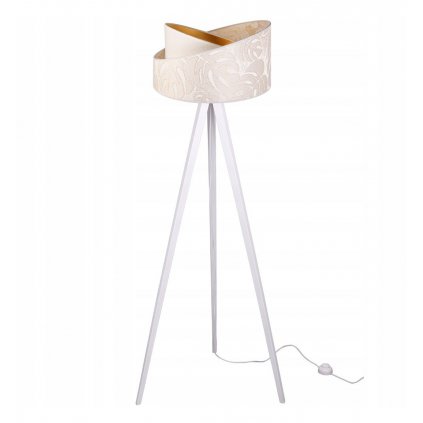 nowoczesna drewniana lampa podlogowa werona na trojnogu z abazurem biala