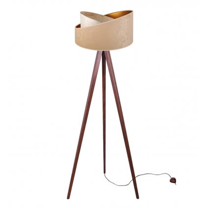 drewniana lampa stojaca trojnog werona z kremowym abazurem ciemne drewno