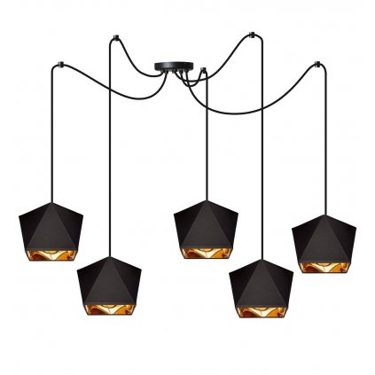 stylowa lampa wiszaca zyrandol led ze zlotymi abazurami diament