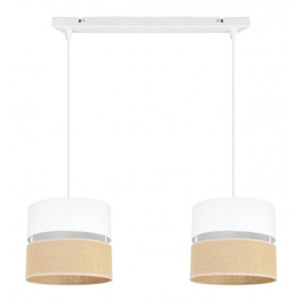nowoczesna lampa sufitowa na listwie juta z podwojnym malym abazurem wzor bialo bezowy