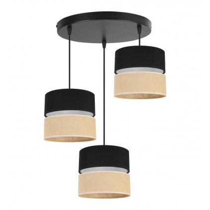 lampa wiszaca na okraglej podsufitce juta z podwojnymi abazurami wzor czarno bezowy