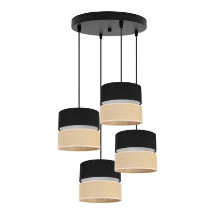 nowoczesna lampa sufitowa na podsufitce z podwojnym malym abazurem juta czarno bezowy