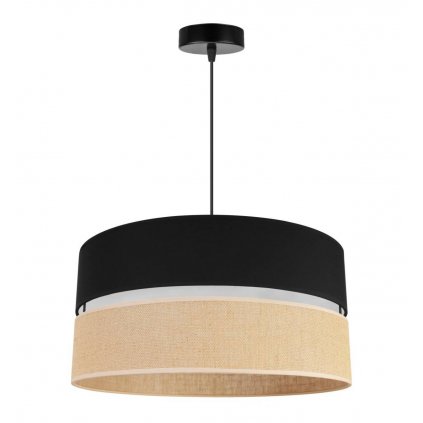 nowoczesna lampa sufitowa juta z podwojnym duzym abazurem wzor czarno bezowy