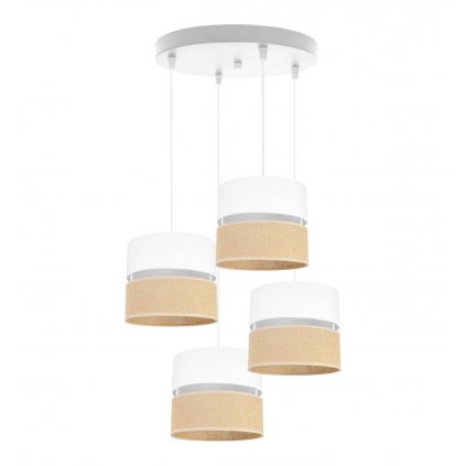 nowoczesna lampa na podsufitce juta z podwojnymi abazurami wzor bialo bezowy