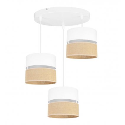 lampa wiszaca na okraglej podsufitce juta z podwojnymi abazurami wzor bialo bezowy