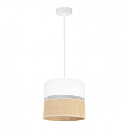 nowoczesna lampa wiszaca juta z podwojnym malym abazurem wzor bialo bezowy