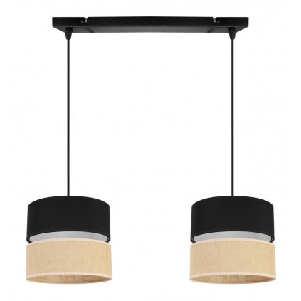 nowoczesna lampa sufitowa na listwie juta z podwojnym malym abazurem wzor czarno bezowy
