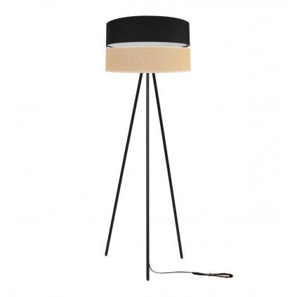 nowoczesna lampa na metalowym trojnogu juta z duzym abazurem wzor bezowo czarny