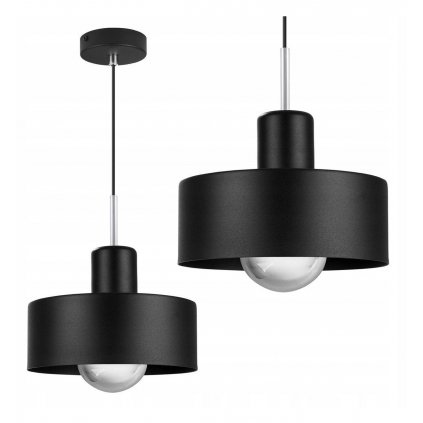 nowoczesna lampa z czarnym kloszem i srebrnymi detalami