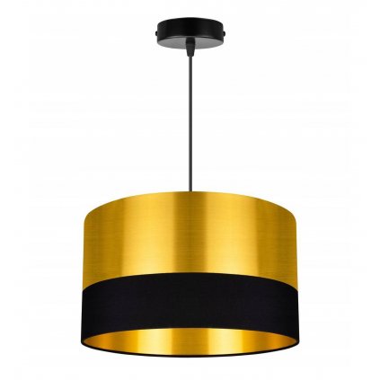 nowoczesna lampa wiszaca ze zlotym abazurem