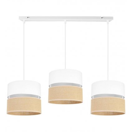 lampa wiszaca na listwie juta z podwojnymi malymi abazurami wzor bialo bezowy