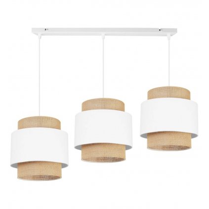 lampa wiszaca na listwie z abazurami z juty boho