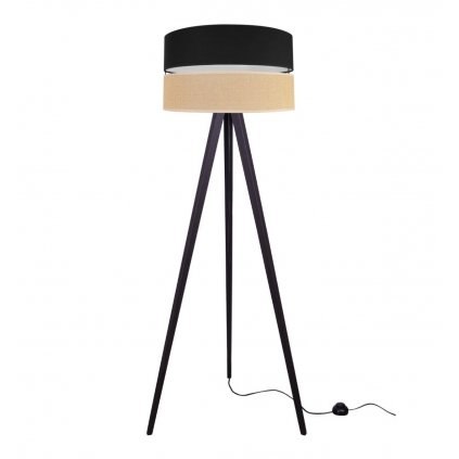 nowoczesna lampa na trojnogu juta z podwojnym duzym abazurem wzor bezowo czarny