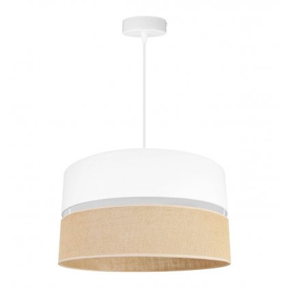 nowoczesna lampa wiszaca juta z podwojnym duzym abazurem wzor bialo bezowy