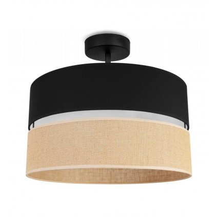 nowoczesna lampa sufitowa juta z duzym podwojnym abazurem wzor czarno bezowy