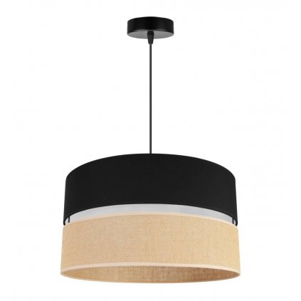 nowoczesna lampa wiszaca juta z podwojnym duzym abazurem wzor czarno bezowy