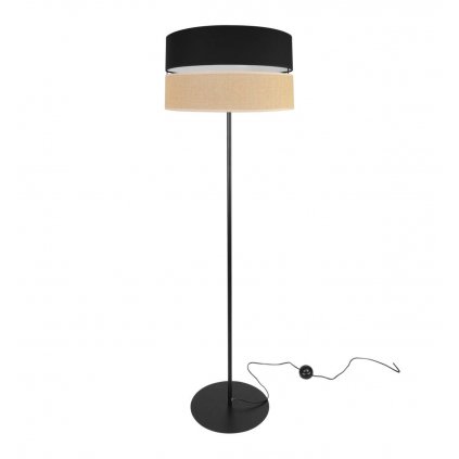 nowoczesna lampa podlogowa juta z podwojnym abazurem wzor bezowo czarny
