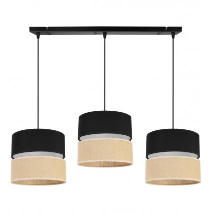 lampa wiszaca na listwie juta z podwojnymi malymi abazurami wzor czarno bezowy