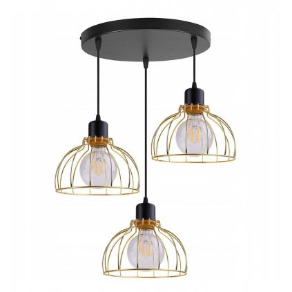 lampa wiszaca loft z drucianymi zlotymi kloszami