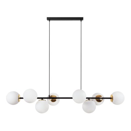 lampa sufitowa siena wiszaca zyrandol loft czarno zlota konstrukcja biale kule ze szkla 8xe14