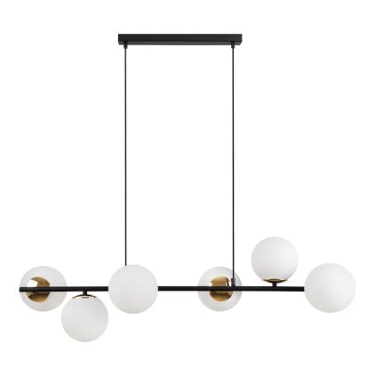 lampa wiszaca siena sufitowa czarny dlugi zyrandol loft typu listwa biale szklane kule nad stol