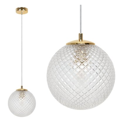 lampa wiszaca cannes sufitowa przezroczysta krysztalowa kula glamour zlote akcenty 20cm