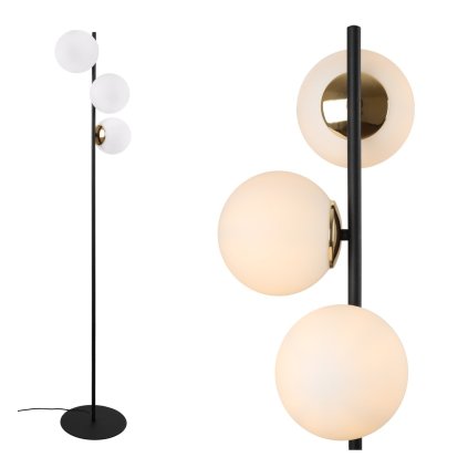 lampa stojaca podlogowa siena czarna konstrukcja zlote dodatki biale szklo loft do salonu