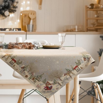 VÁNOČNÍ GOBELÍNOVÝ UBRUS NA STŮL VILLAGE1 100X100 CM VZOROVANÁ