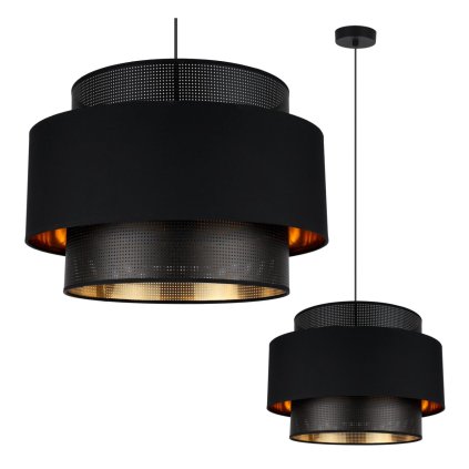 lampa sufitowa wiszaca asti zyrandol z okraglym podwojnym abazurem czarno zloty do salonu sypialni