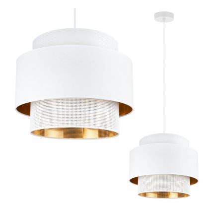 lampa sufitowa wiszaca asti bialo zloty zyrandol z abazurem glamour pojedynczy do sypialni salonu