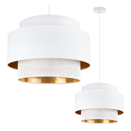 lampa sufitowa wiszaca asti zyrandol z bialo zlotym podwojnym azurowym abazurem styl glamour