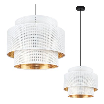 lampa sufitowa wiszaca asti podwojny abazur z bialo zlotej siatki nowoczesny do sypialni jadalni