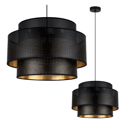 lampa sufitowa wiszaca asti zyrandol z duzym abazurem glamour czarny ze zlotym srodkiem e27