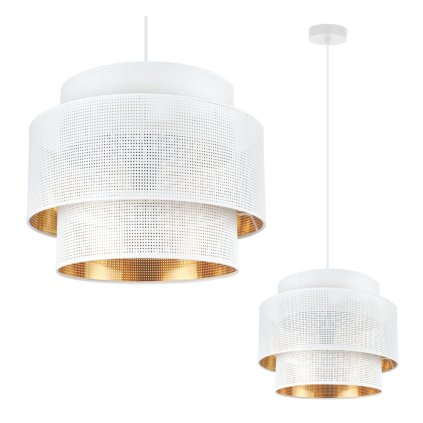 lampa sufitowa wiszaca asti bialy abazur z siatki zloty srodek styl glamour nad stol do pokoju salonu