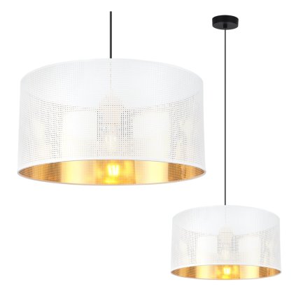 lampa sufitowa wiszaca asti bialo zloty elegancki zyrandol z abazurem z siatki nad stol i sofe pojedynczy