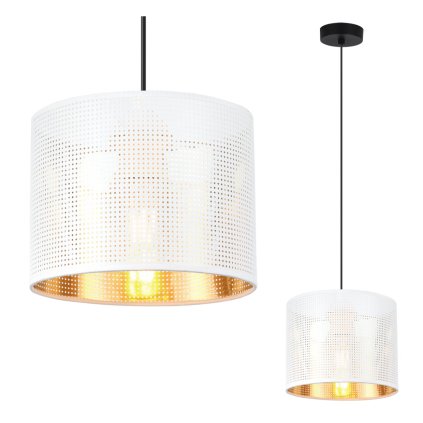 lampa sufitowa wiszaca asti bialy zyrandol z abazurem ze zlotym srodkiem do sypialni i salonu styl glamour